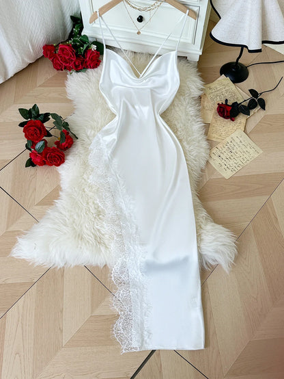 Sexy Lace Patchwork Pajamas Comfortable And Casual Long And Comfortable Women&