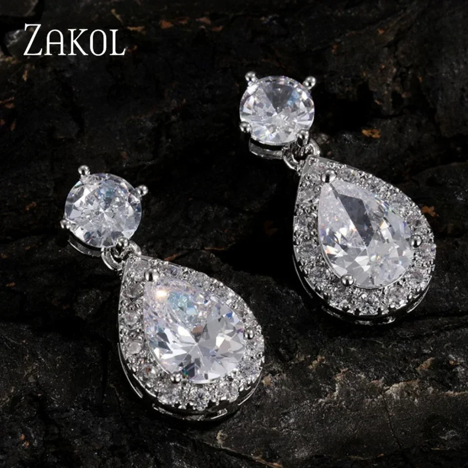 ZAKOL Classic Water Drop Cubic Zircon Bridal Dangle Earrings for Women Girl Trendy CZ Crystal Wedding Engagement Jewelry
