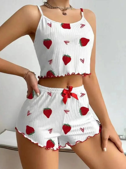 Camisole Strawberry Printing Casual Vest Tops and Shorts 2 Pieces Pajamas Set Women&