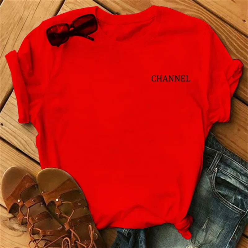 100% pure cotton summer loose-fitting CHANNEL letter print casual fitted round-neck short-sleeve t-shirt top