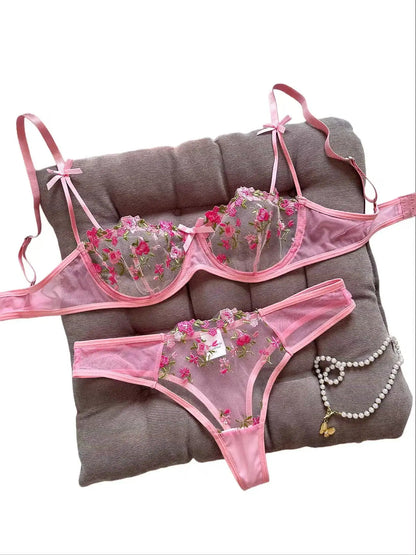 Night Beautiful Sexy Women 2 Piece floral Embroidery Underwear Sexy Erotic lingerie underwear Set