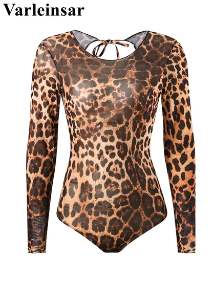 S - XXL New Sexy With Shorts Leopard Long Sleeve One Piece Swimsuit Women Swimwear Female Padded Bather Bathing Suit Swim V7348