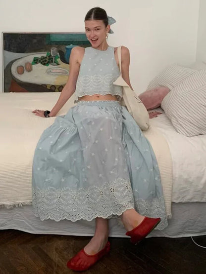 Sleeveless Top Skirt Two Pieces Matching Set for Women Light Blue Vintage Skirt Set French Style Embroidery Cotton Dress Set