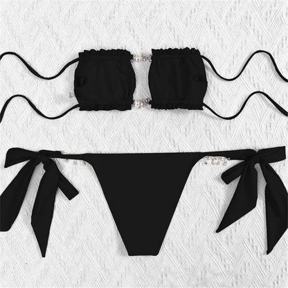Sexy Rhinestone Chain Micro Thong Bikini Women Swimwear Ruffled Bandeau Swimsuit Knotted Bathing Swimming Suit Bikinis Sets 2026