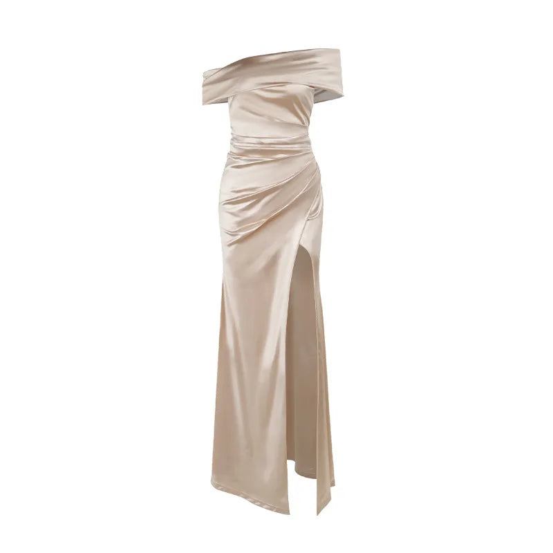 Elegant Satin Solid Color Off-Shoulder Women&