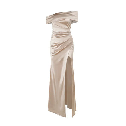 Elegant Satin Solid Color Off-Shoulder Women&