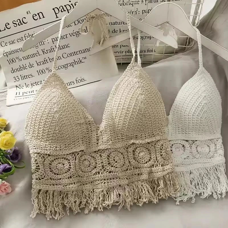 Boho Crochet Halter Top for Women Summer Beach Knit Crop Top with Tassels Backless Sleeveless Bralette