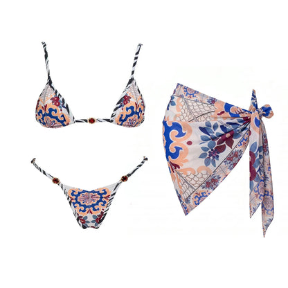 3Pcs Micro Bikinis Sexy Women Swimsuit 2026 New Swimwear Printed Swim Suit Female Bathing Suit Bandeau Biquini Beachwear Sarong