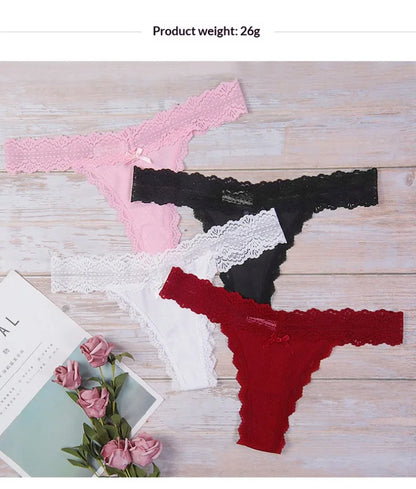 1pcs Low Waist Sexy Lace Elegant Lady Thongs Underwear Solid Breathable Sexy Lingerie Floral Female Panties Bow Women&