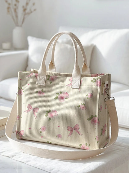Corduroy Tote Bag Pink Rose Bow Print Large Capacity With Multiple Pockets For Commuter Or Everyday Use