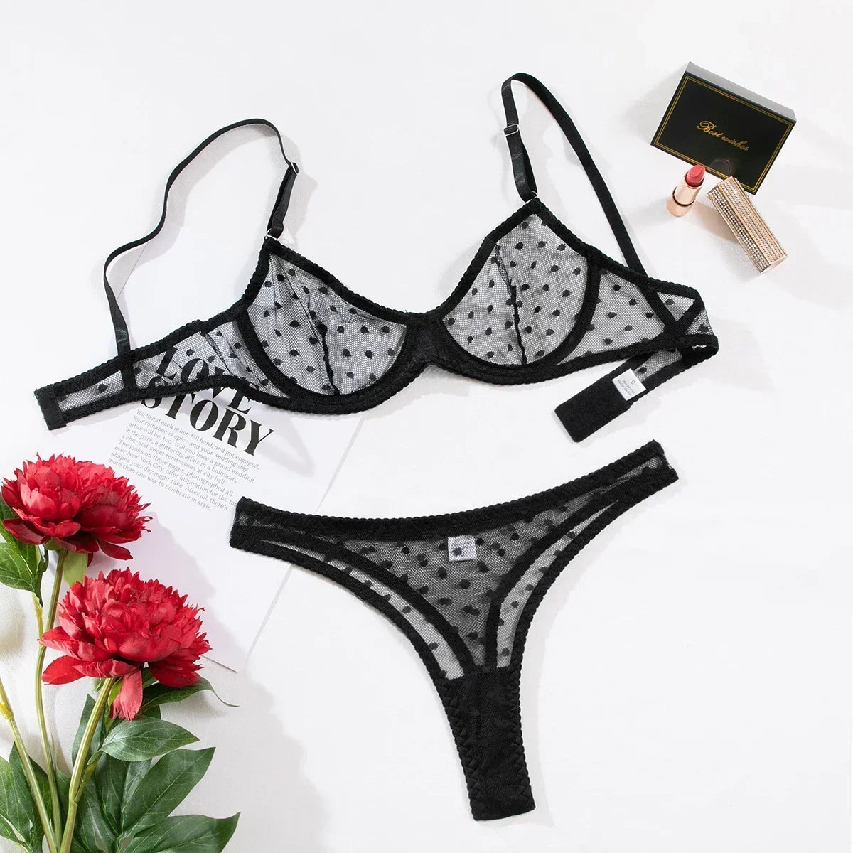 Black Ultra Thin See Through Mesh Sheer Bra and Thong Set Women Push Up Transparent Polka Dot Underwear Lingerie Set