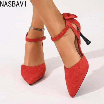 Flock Suede Female Sandals for Women Pointed Toe Stiletto Heel Buckle Strap Butterfly Knot OL Single Shoes Big Size 34-45 Sexy