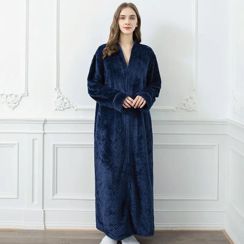 New Women Winter Extra Long Warm Jacquard Flannel Bathrobe Pregnant Zipper Plus Size Dressing Gown Lounge Coral Fleece Bath Robe
