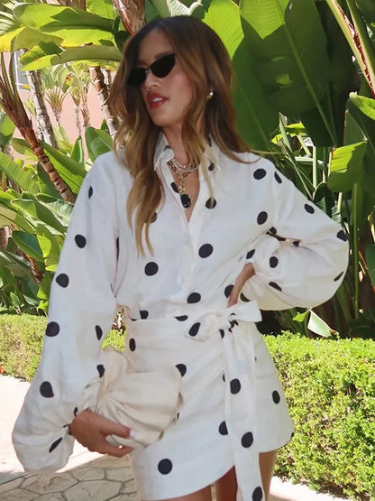 Casual White Polka Dot Print High Waist Mini Skirt Set Women Long Puff Sleeve Lapel Single Breast Lace-up Tops Set New Lady Wear