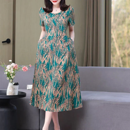 New Fashion Casual 2024 Summer Elegant Dresses For Women O-Neck Print Vintage Short Sleeve Dress Loose Women Clothing