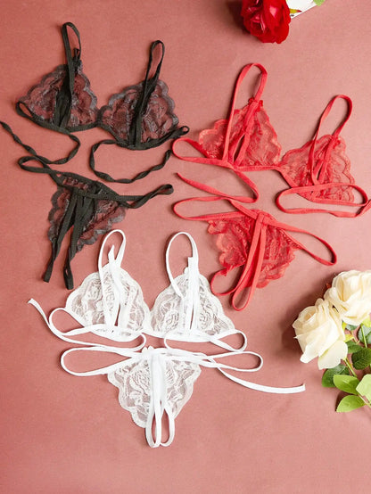 V-Neck Lace Floral Fashion Design Lingerie Set, Couple Date, Halloween, Christmas, Valentine&