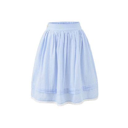 Spring French Style Fresh Slimming Blue Striped Lace Trimmed High Waist A-Line Short Skirt Half Skirt For Woman Casual HMJ9