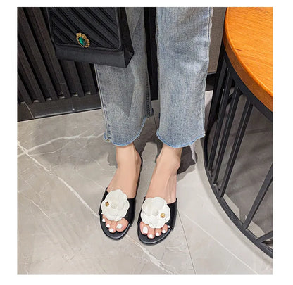 High End Luxury Flower Slippers Women Camellia Shoes Open Toe Slides Femme Outside&amp;Home Pantuflas Sandals Ladies Flip Flops