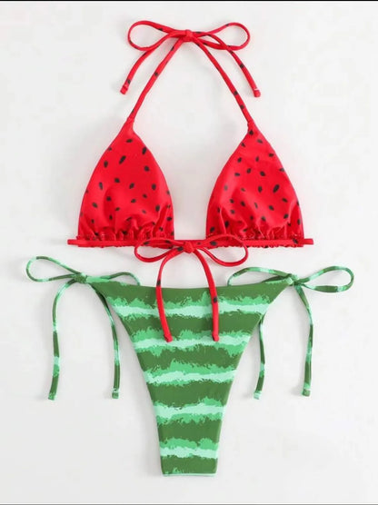 Sexy Women Cute Watermelon Print Halter String Micro Bikini Sets Two Pieces Swimsuit Swimwear Bathing Suit Beach Outfits Biquini