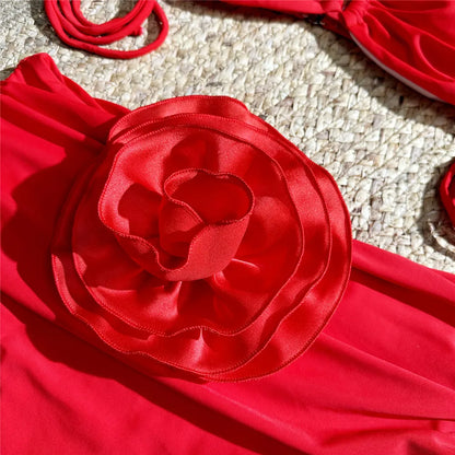 Sexy Red 3D Flower Swimwear Halter Bandeau Bikinis Sets High Wiast Swimsuit 2025 Women Ruched Bathing Suit Bikini Mujer Bather