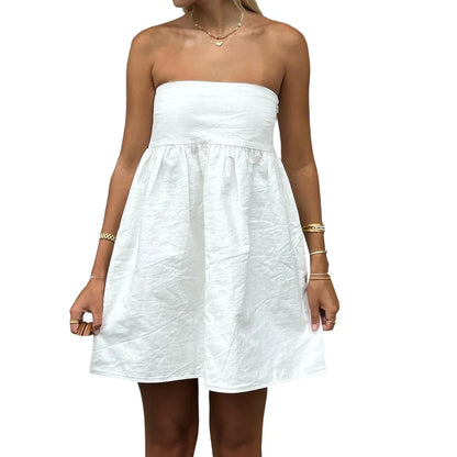 Women Sleeveless Strapless Backless Mini Dresses Summer Solid Color A-line Dress