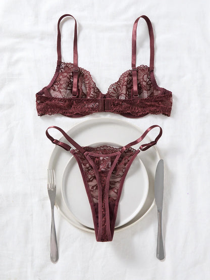 Deep Brown Lace Sexy Deep V Bra And G-string Transparent Hollow Design Women&