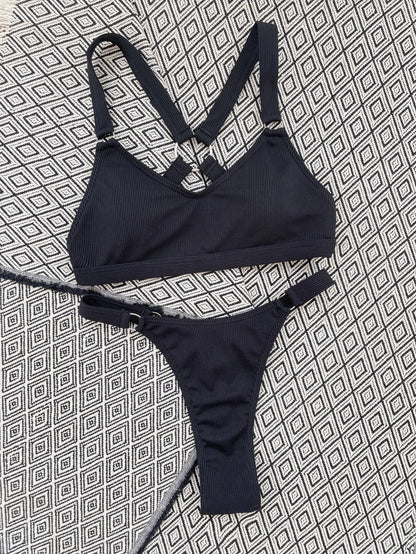 Sexy Ring Linked Backless Bikini Set Women Solid Black White Hollow Out Push Up Micro Swimsuit 2024 Bathing Suit Thong Swimwear