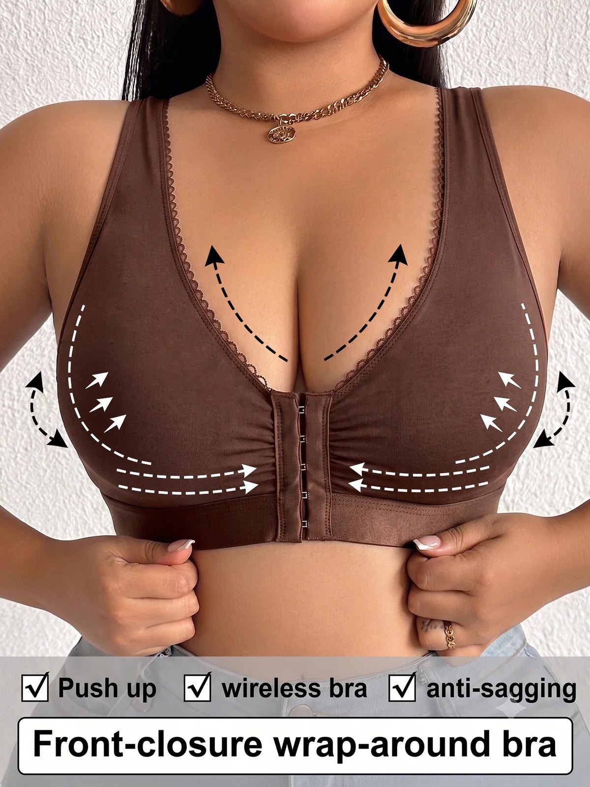 Full Cup Plus Size Women Bra Front Closure Wireless Unlined Thin Cup Gathering Brassiere Comfort Side Support Everyday Bra