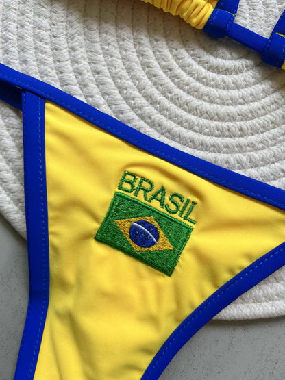 Solid color sexy embroidered Brazilian flag bikini set, women&