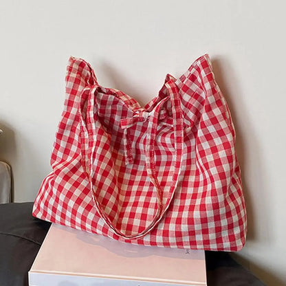 Casual Plaid Tote Bag With Large Capacity Lightweight Shoulder Handbag For Women Daily Use