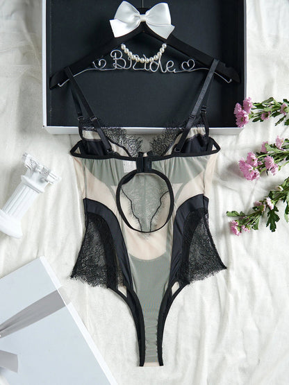 French Ultra Thin Women Bodysuit Set Sexy Lace Embroidery Underwear Breathable Mesh Bodycon Onesies Temptation Hollow Jumpsuit