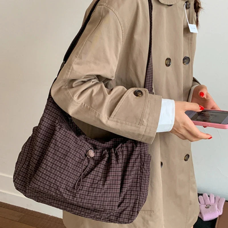 Brand Korean Nylon Crossbody Bag With Plaid Pattern - Phone Pocket