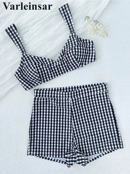 Plaid V Neck Shorts Female Swimsuit High Waist Bikini Women Swimwear Two-Pieces Bikini Set Padded Bather Bathing Suit Swim V8272