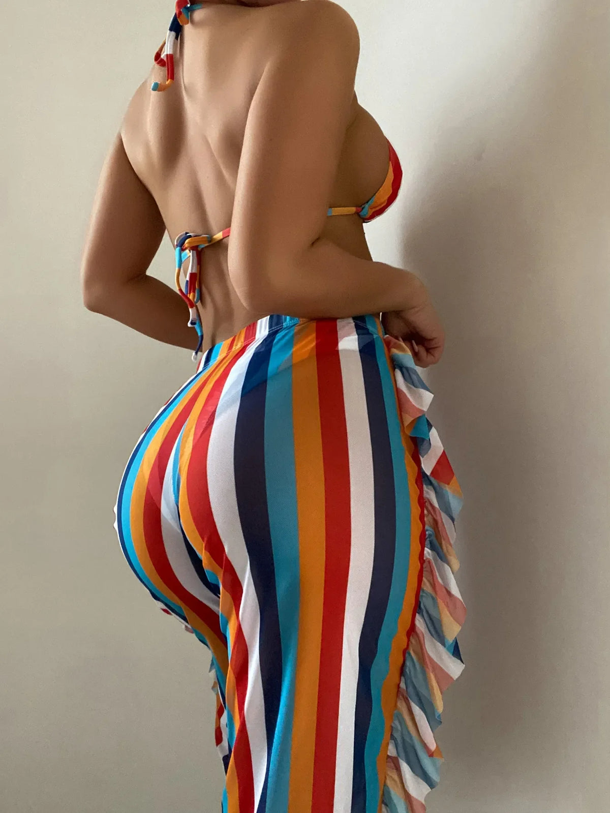 3 Pieces Striped Triangle Bikini Set Swimsuit &amp; Ruffle Pants Swimwear Women 2026 Bathing Suit Female Swimming Summer Beachwear