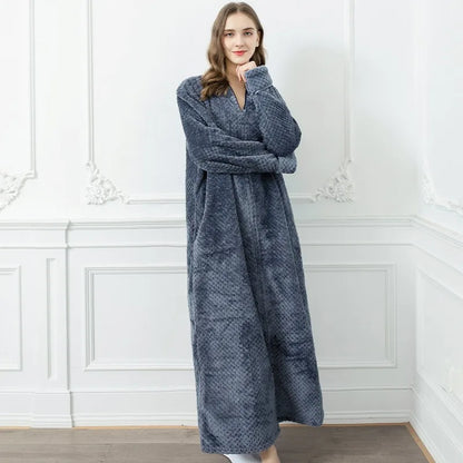 New Women Winter Extra Long Warm Jacquard Flannel Bathrobe Pregnant Zipper Plus Size Dressing Gown Lounge Coral Fleece Bath Robe