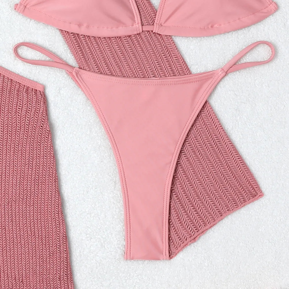 Women micro mini halter bikinis sets 3pcs with knitted long sleeve hollow out mini dress swimsuit bathing suit beach outfits