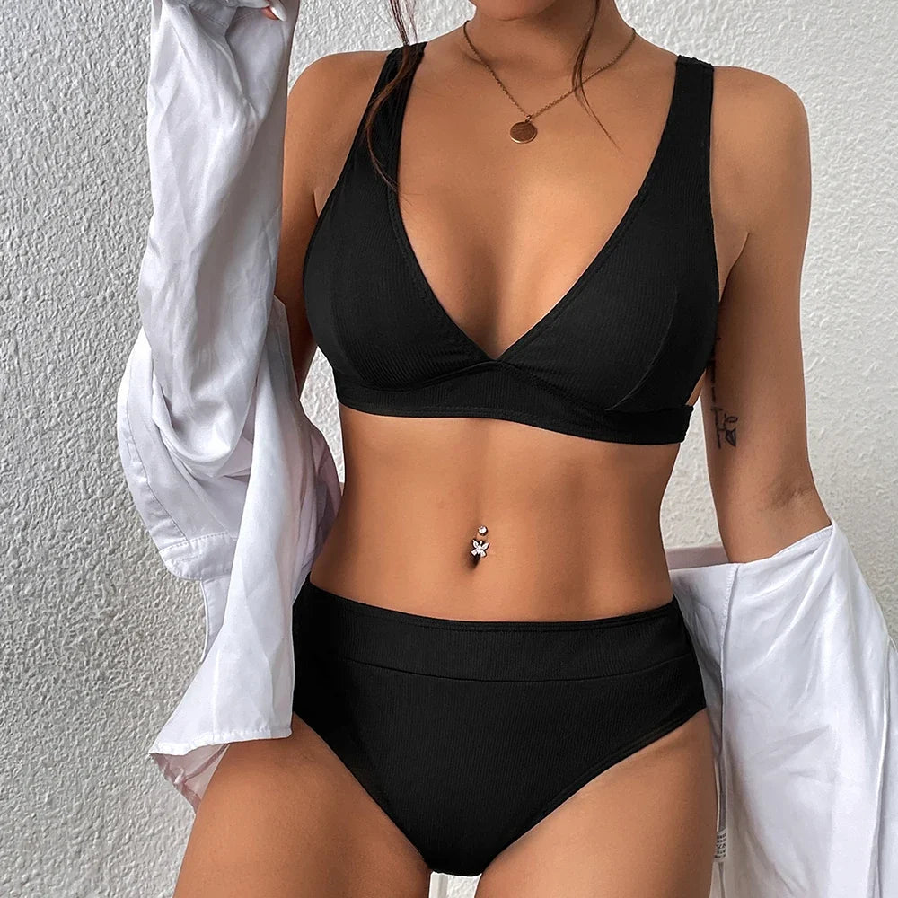 Summer new style small pit strip pure color bikini two-piece set sexy beach vacation women&