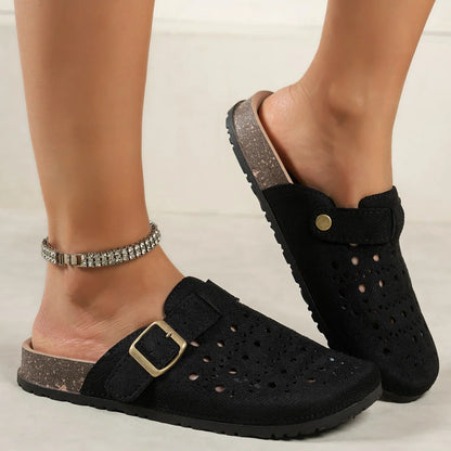 Women Hollow Out Clogs Slippers Perforated Cork Sole Flat Mules Buckle Closed Toe Breathable Indoor Outdoor Summer Shoes