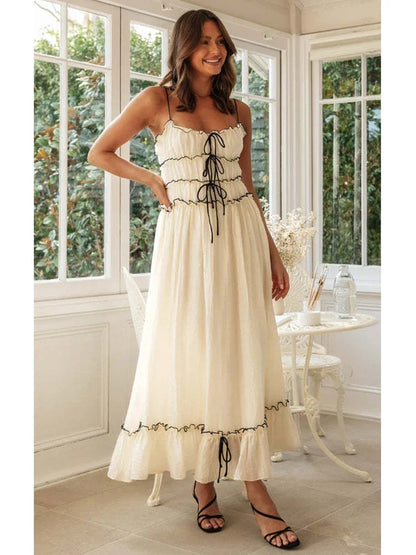 Foridol Spaghetti Strap White Sundress Flounced Edge Women&