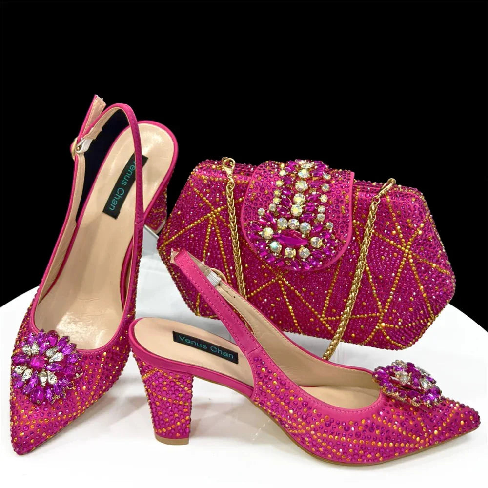 Doershow beautiful Italian Shoes And Bag Sets For Evening Party With Stones Italian Leather Handbags Match Bags! 1-30
