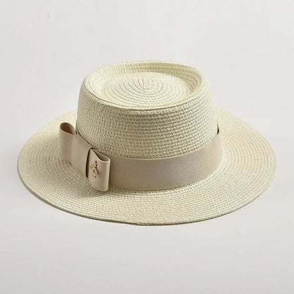 NEW Spring Summer Straw Hats for Women Round Bumpy Surface Flat Top Bowknot Dress Cap Travel Beach Sun Hat Gorra