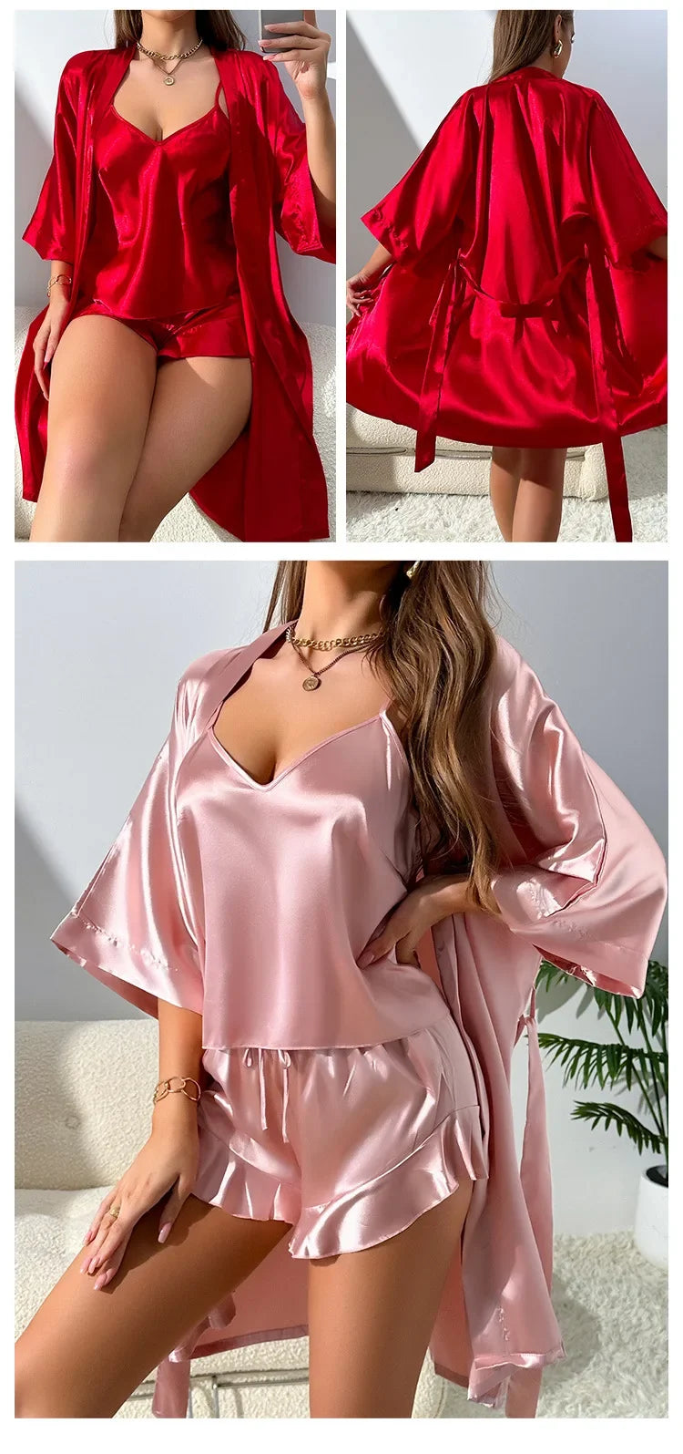 Female 3PCS Pajamas Set Kimono Bathrobe Gown Spring Summer New Sleepwear Strap Top&amp;shorts Lingerie Loose Silk Satin Home Wear
