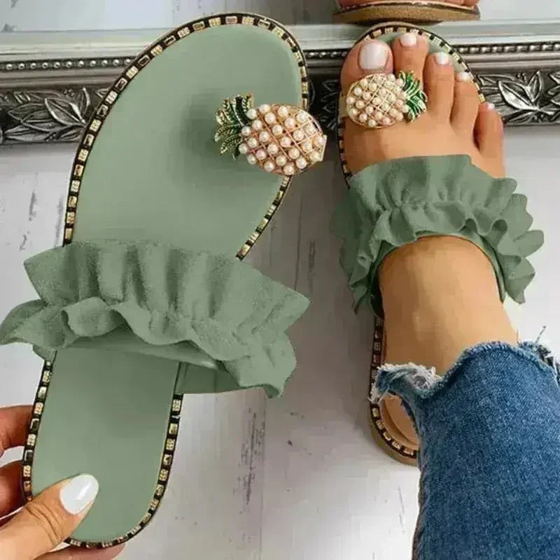 Flat Toe Casual Womens Slippers Pineapple Pearl Beach Slides