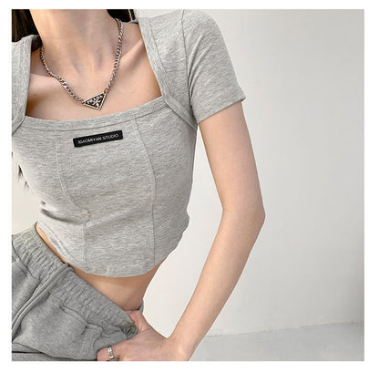 Curved Crop Tops Women Summer Square Collar Short Sleeve T-Shirt Fashion Slim Woman