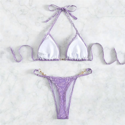 Purple Velvet Leopard Swimsuit Sexy String Halter Triangle Bikinis Sets De Mujer Micro Thong Swimwear Women Bikinis Bathing Suit