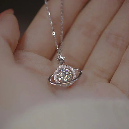 925 Sterling Silver Planet Shape Necklace Simple Charm Shiny Geometric Shape Pendant Birthday Gift for Women Exquisite Jewelry