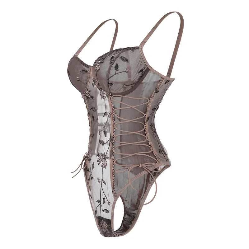 Floral Embroidery Mesh Bodysuit Women Steel Ring One-Piece Sexy Lingerie Lace Up See Through Summer Sleeveless Lace Bodysuits