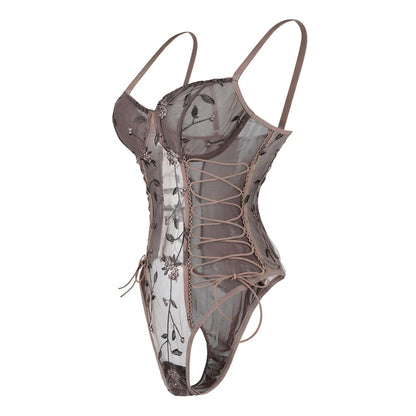 Floral Embroidery Mesh Bodysuit Women Steel Ring One-Piece Sexy Lingerie Lace Up See Through Summer Sleeveless Lace Bodysuits
