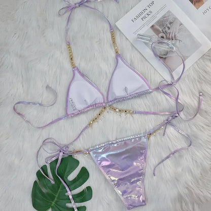 DEKA Shiny Diamond Chain Bikinis Set Mujer Two Pieces Crystal diamond Swimsuit Women Thong Swimwear Sexy Halter Swimsuit