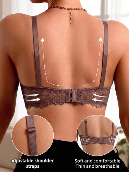 Women Floral Lace Bra Thin Cup Underwire Push Up Brassiere Breathable Mesh Back Lingerie Underwear